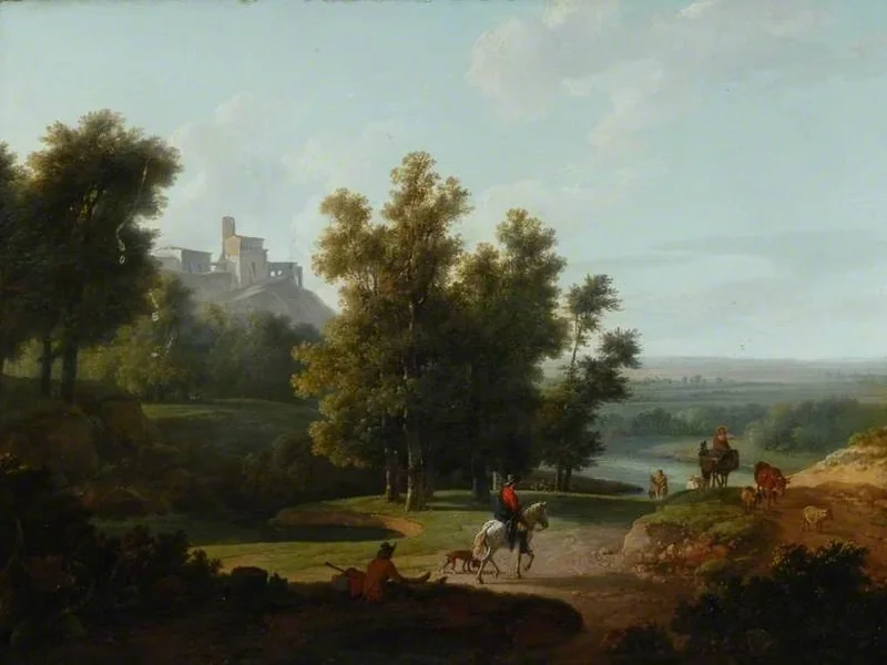 1750-Pierre - Jean Boquet - Paesaggio con figure e un castello su una collina